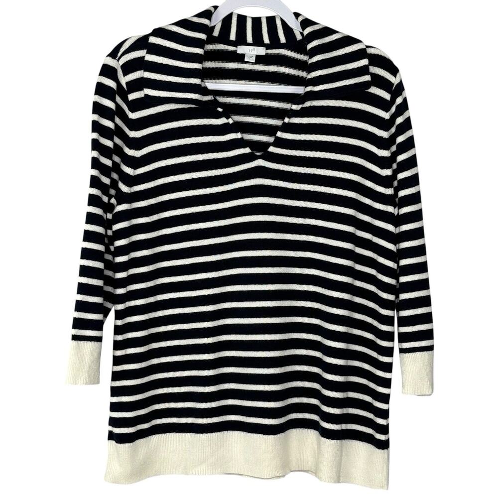 J Jill Sweater Womens L Blue White Stripe Collared V-Neck Coastal 3/4 Sleeve